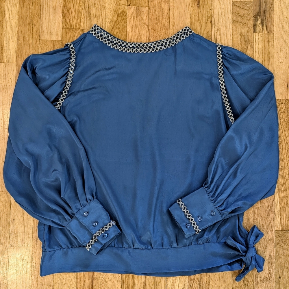 NaMa Vintage Beaded Blouse Sequined Royal Blue Women's L/XL Retro 80s Silver